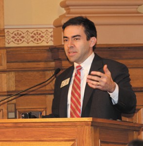 Rep. Mike Jacobs, R-DeKalb, addresses fellow lawmakers at the state Capitol about the proposed new city of Brookhaven.