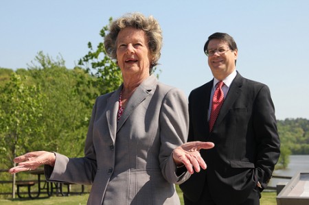 Sandy Springs Mayor Eva Galambos, left, announces she will not seek reelection. Rusty Paul, right, waits in the wings. About 50 civic and political leaders attended Paul's announcement April 22 at Morgan Falls Park.