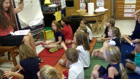 Laura Miltner teaches kindergarteners German during a language immersion program at Ashford Park Elementary.