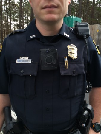 Dunwoody Police Officer Caleb Gilbert wears an on-body camera.