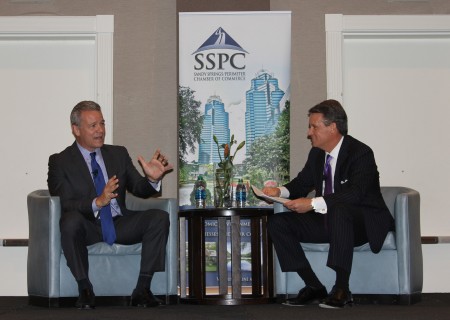 Mercedes-Benz USA President and CEO Steve Cannon (left) answers a question from Jim Fitzpatrick, CEO of CBT Automotive Network, at the Oct. 20 Sandy Springs/Perimeter Chamber of Commerce luncheon at the Westin Atlanta Perimeter North hotel.
