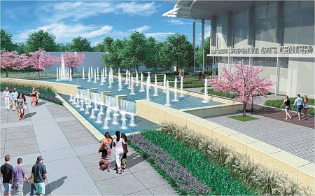 An illustration of the fountains and public space outside the performing arts center in the future City Springs redevelopment.