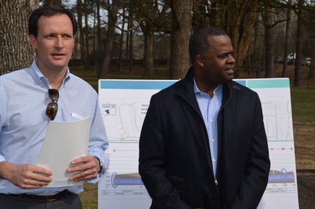 Kirk Billings, president of the Atlanta Memorial Park Conservancy, left, and Atlanta Mayor Kasim Reed field questions before touring Atlanta Memorial Park on March 8.