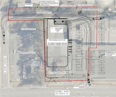 A plan from a city filing showing the outline of the proposed grocery store and parking lot atop existing structures.