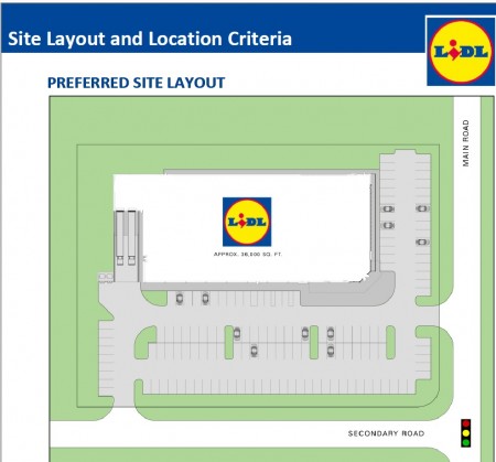 An illustration of an ideal Lidl store site plan from the grocery company's website page instructing developers how to submit proposals.
