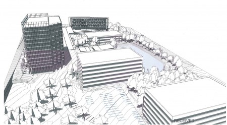 An illustration of the proposed Peachtree Dunwoody Pavilion redevelopment from a city filing, with a hotel along Peachtree-Dunwoody Road at the rear and a new office building to the left.