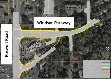 A city map of the Windsor Parkway intersection project, showing the new intersection at the top and the old remnant at bottom.