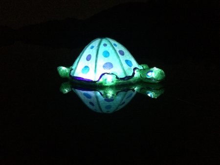A turtle-shaped lantern floating on the Chattahoochee River in a recent test run for the June 18 Sandy Springs Lantern Parade. (Special)
