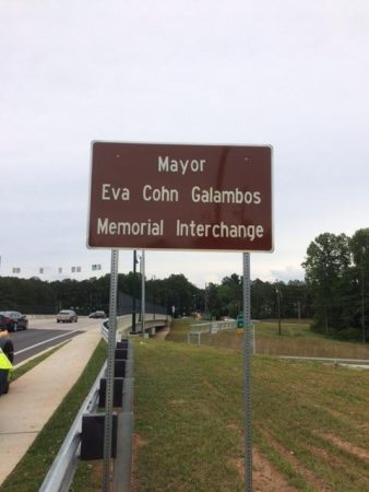 One of the new signs dedicating the "Mayor Eva Cohn Galambos Memorial Interchange" at Ga. 400 and Northridge Road. (Photo Sharon Kraun/city of Sandy Springs)