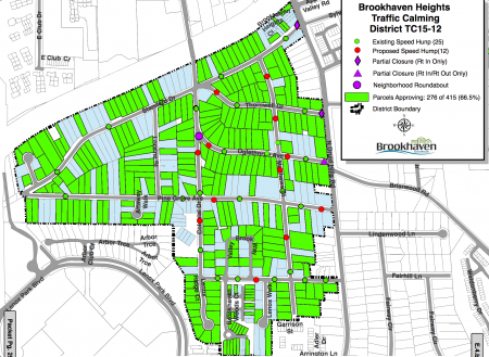 Traffic calming measures proposed for Brookhaven Heights include partial road closures, roundabouts and speed tables. Click to enlarge.