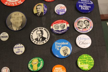 Some of the campaign buttons in the James and Camilla Comerford Collection at Oglethorpe University. (Photo Dyana Bagby)