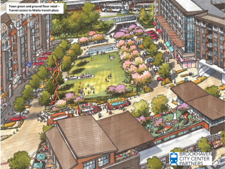A rendering of the town green at the center of the proposed MARTA mixed-use development.