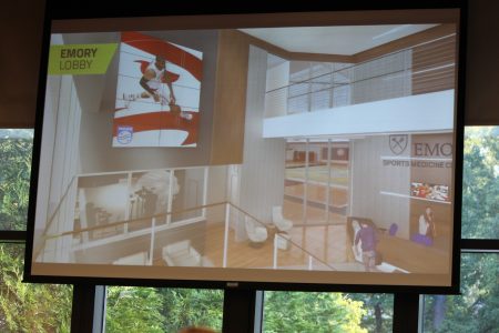 A rendering of the lobby of the new Atlanta Hawks and Emory Healthcare athletic facility being built in Executive Park. (Photo Dyana Bagby)