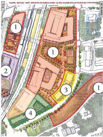 The MARTA redevelopment is planned to be completed in four phases. No. 1 includes the apartments and ground floor commercial, the 8-story office tower, the public access park, the transit station and the stormwater detention pond; No. 2 is the hotel, No. 3 the projected senior housing; and No. 4 is the for-sale residential units. Click to enlarge. (City of Brookhaven)