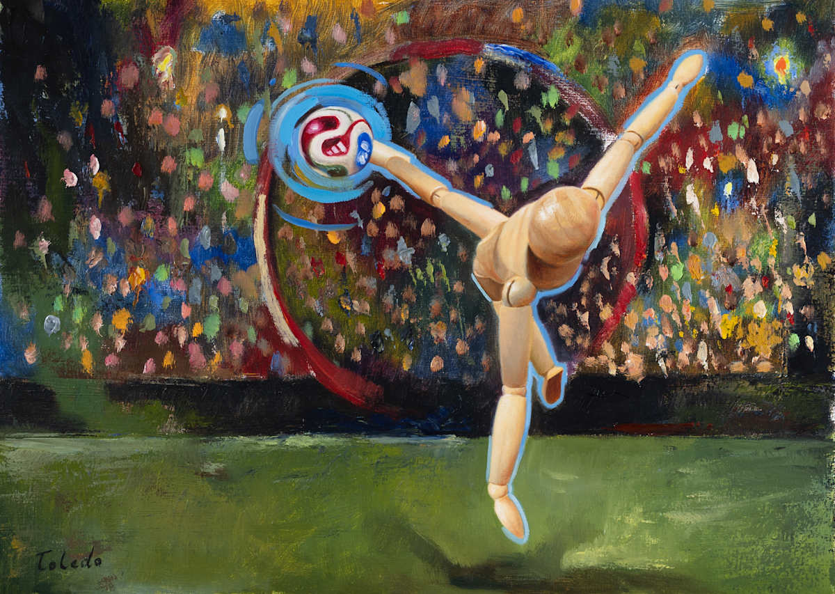  Oil painting of a wooden artist mannequin executing a bicycle kick against a colorful crowd scene.