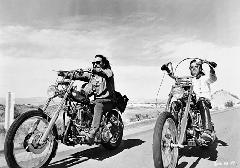 Dennis Hopper (Left) and Peter Fonda riding bikes in a scene from the movie "Easy Rider." June 30, 1969. (Credit:  Bettmann Archive/Getty Images)
