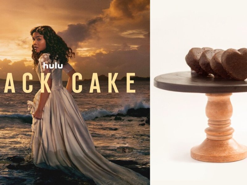 The poster for the Hulu series "Black Cake" spliced with a picture of black cake.