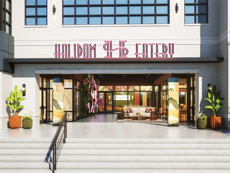 A rendering of the main entrance to Woodland Hills food Halidom Eatery in Atlanta.