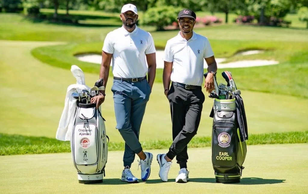 A photo of two friends playing golf in DeKalb County. 