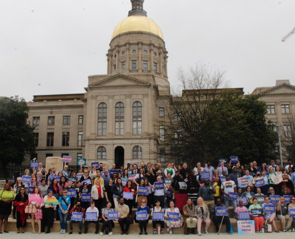 Georgia Equality advocates at the State Capitol celebrating defeat of anti-LGBTQ+ bills